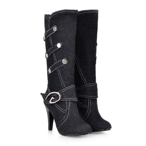 Retro Denim Stiletto Knee-High Boots for Women - Vintage Strap Detail Boots for Everyday Elegance