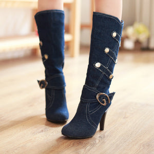 Retro Denim Stiletto Knee-High Boots for Women - Vintage Strap Detail Boots for Everyday Elegance