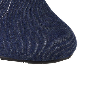 Retro Denim Stiletto Knee-High Boots for Women - Vintage Strap Detail Boots for Everyday Elegance