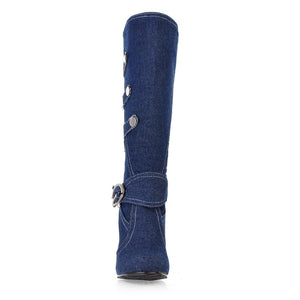 Retro Denim Stiletto Knee-High Boots for Women - Vintage Strap Detail Boots for Everyday Elegance