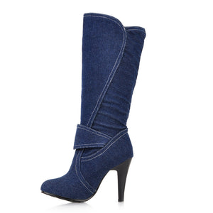 Retro Denim Stiletto Knee-High Boots for Women - Vintage Strap Detail Boots for Everyday Elegance