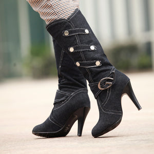 Retro Denim Stiletto Knee-High Boots for Women - Vintage Strap Detail Boots for Everyday Elegance