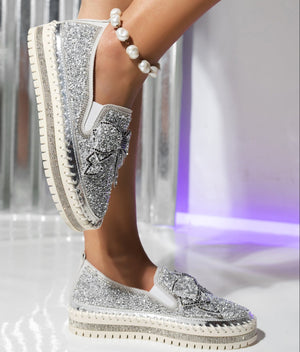 Women's fashion glitter slip on sneakers rhinestone shiny crystal platform sneakers