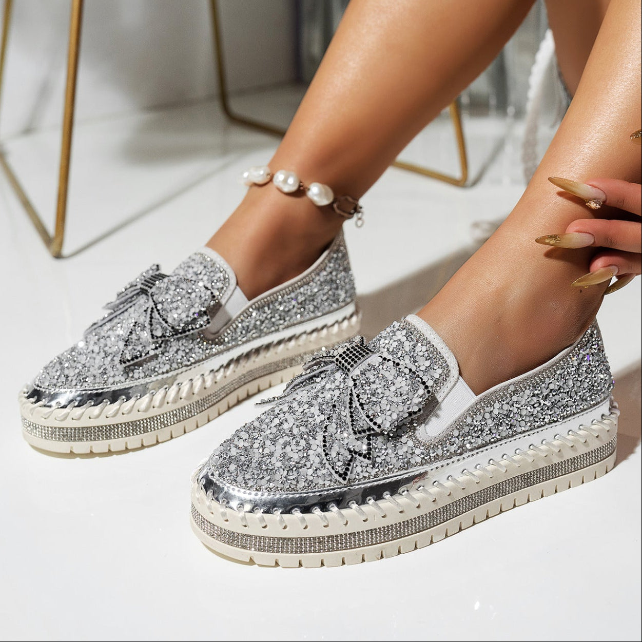 Women's fashion glitter slip on sneakers rhinestone shiny crystal platform sneakers