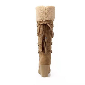 Women's faux fur warm wedge heels knee high boots