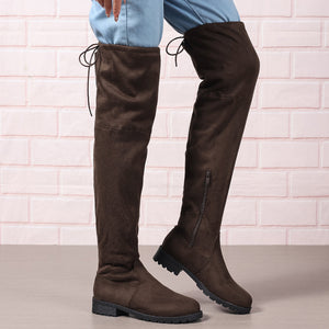 Women's faux suede flat thigh high boots back tie-up
