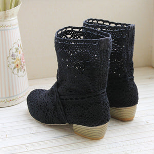 Women's lace openwork crochet summer booties breathable western country style