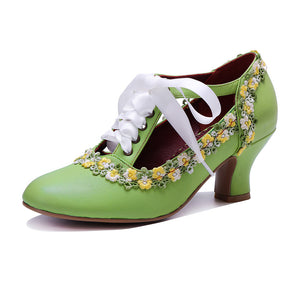 green Women's leather floral lace trim Mary Jane pumps