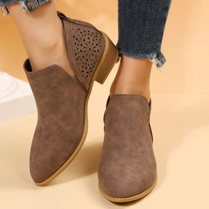 Women's low heel slip on side slit booties hollow fashion ankle boots