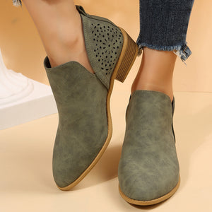 Women's low heel slip on side slit booties hollow fashion ankle boots