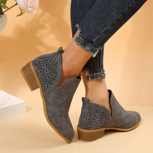 Women's low heel slip on side slit booties hollow fashion ankle boots