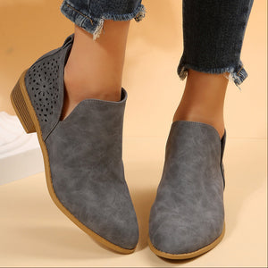 Women's low heel slip on side slit booties hollow fashion ankle boots