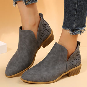 Women's low heel slip on side slit booties hollow fashion ankle boots