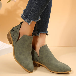 Women's low heel slip on side slit booties hollow fashion ankle boots