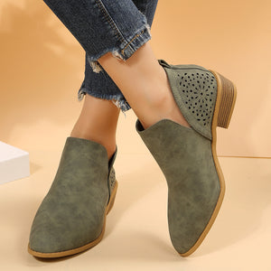 Women's low heel slip on side slit booties hollow fashion ankle boots