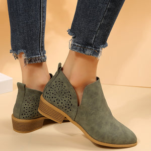 Women's low heel slip on side slit booties hollow fashion ankle boots