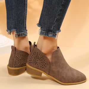 Women's low heel slip on side slit booties hollow fashion ankle boots