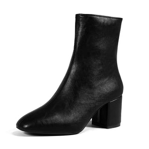 black Women's square toe block heels ankle boots with side zipper