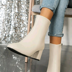 beige Women's square toe block heels ankle boots with side zipper