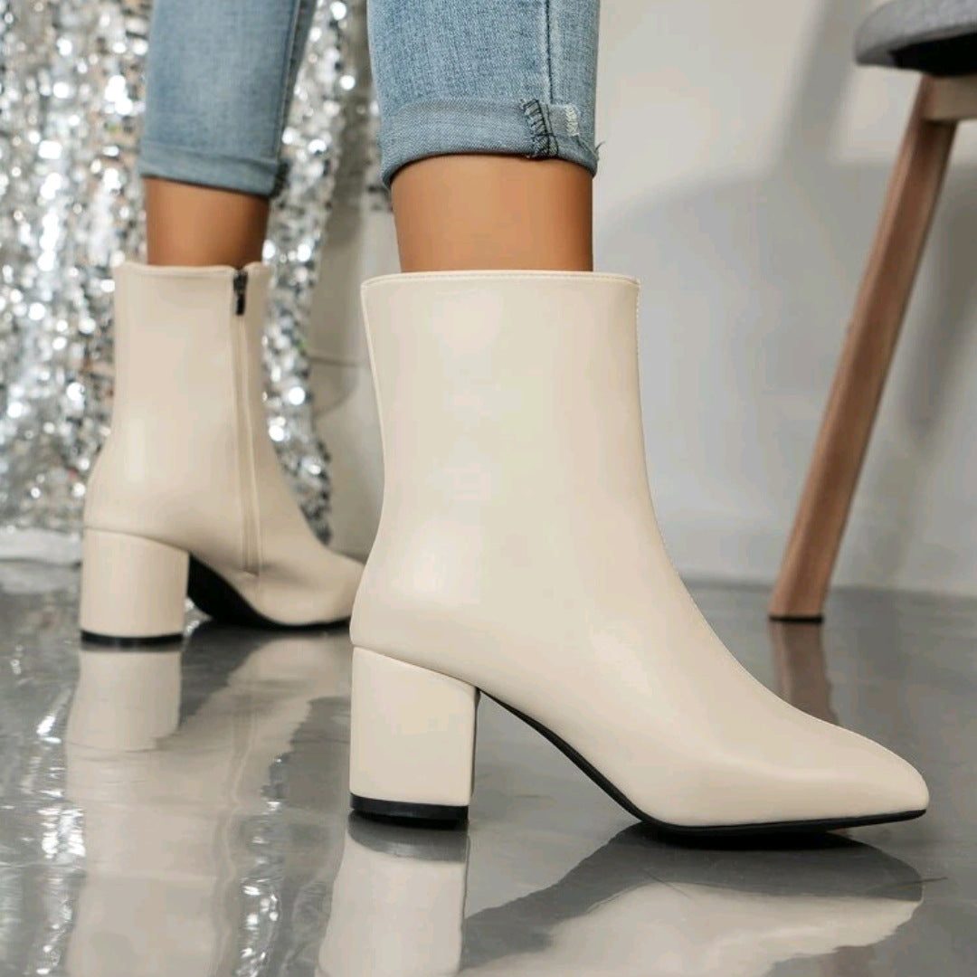 beige Women's square toe block heels ankle boots with side zipper