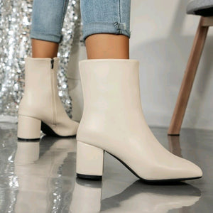 beige Women's square toe block heels ankle boots with side zipper