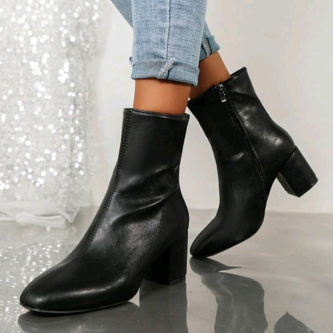 black Women's square toe block heels ankle boots with side zipper