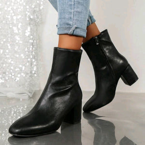 black Women's square toe block heels ankle boots with side zipper
