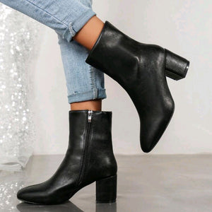 Women's square toe block heels ankle boots with side zipper