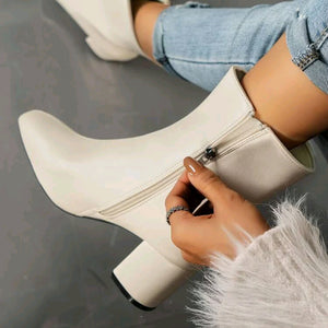 beige Women's square toe block heels ankle boots with side zipper