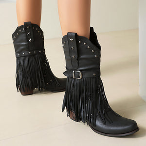 Women's studded mid calf tassels cowboy boots