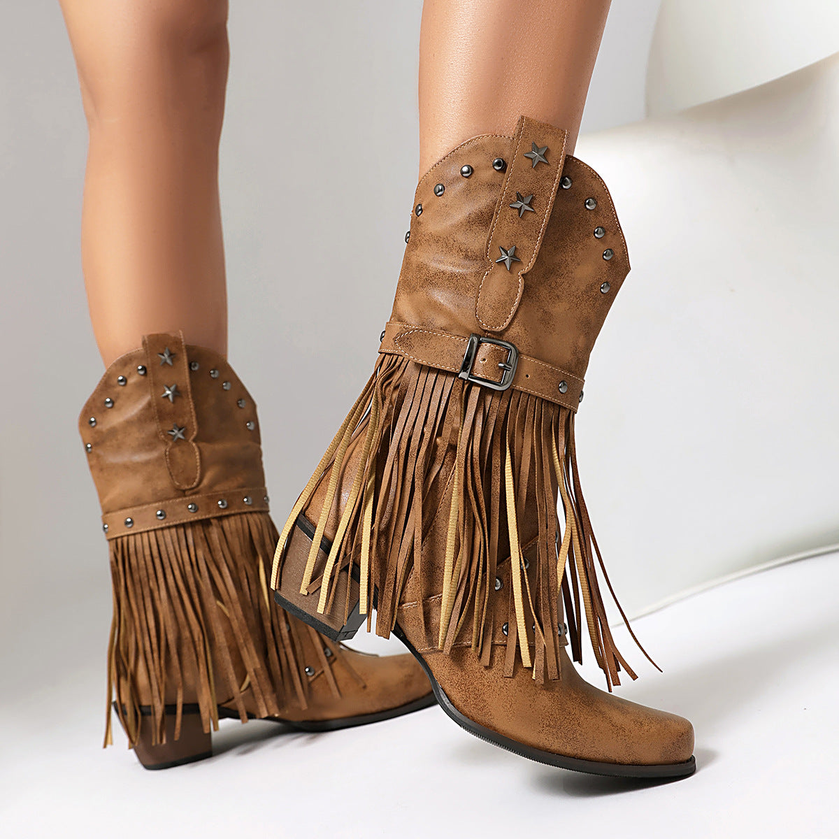 Women's studded mid calf tassels cowboy boots