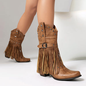 brown Women's studded mid calf tassels cowboy boots