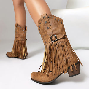 Women's studded mid calf tassels cowboy boots