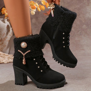 Women's sweater cuff chunky heels booties