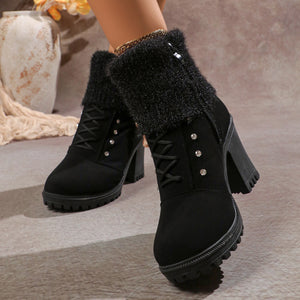 Women's sweater cuff chunky heels booties