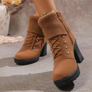 Women's sweater cuff chunky heels booties