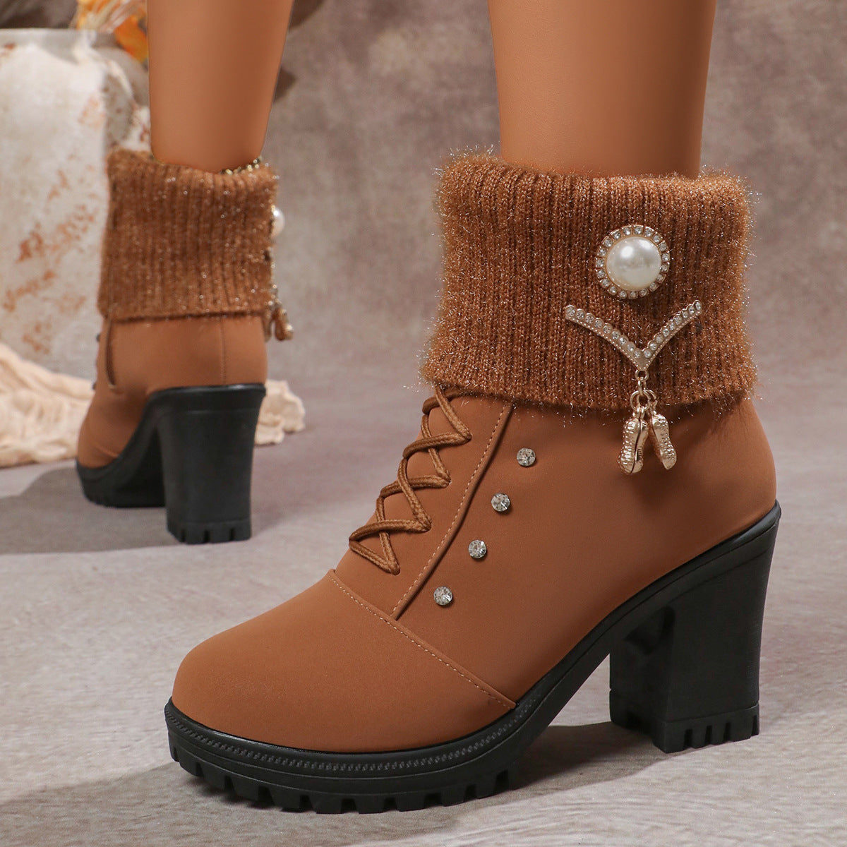 Women's sweater cuff chunky heels booties