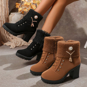Women's sweater cuff chunky heels booties