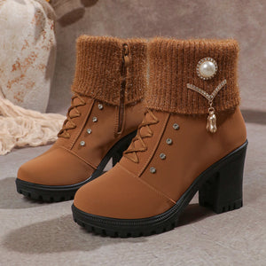 Women's sweater cuff chunky heels booties