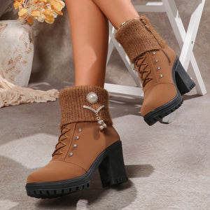 Women's sweater cuff chunky heels booties