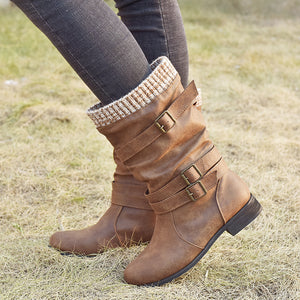 Women's sweater cuff mid calf boots low heel slouch boots