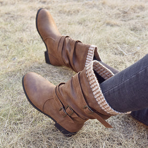 Women's sweater cuff mid calf boots low heel slouch boots