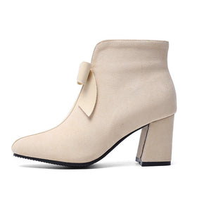 beige Women's vintage bowknot chunky heels booties