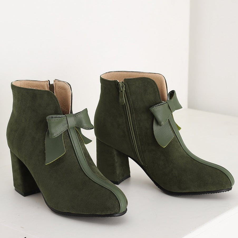 Women's vintage bowknot chunky heels booties