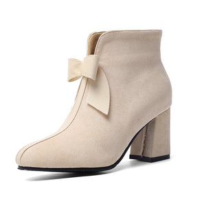 Women's vintage bowknot chunky heels booties