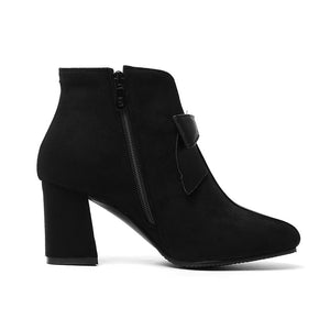black Women's vintage bowknot chunky heels booties