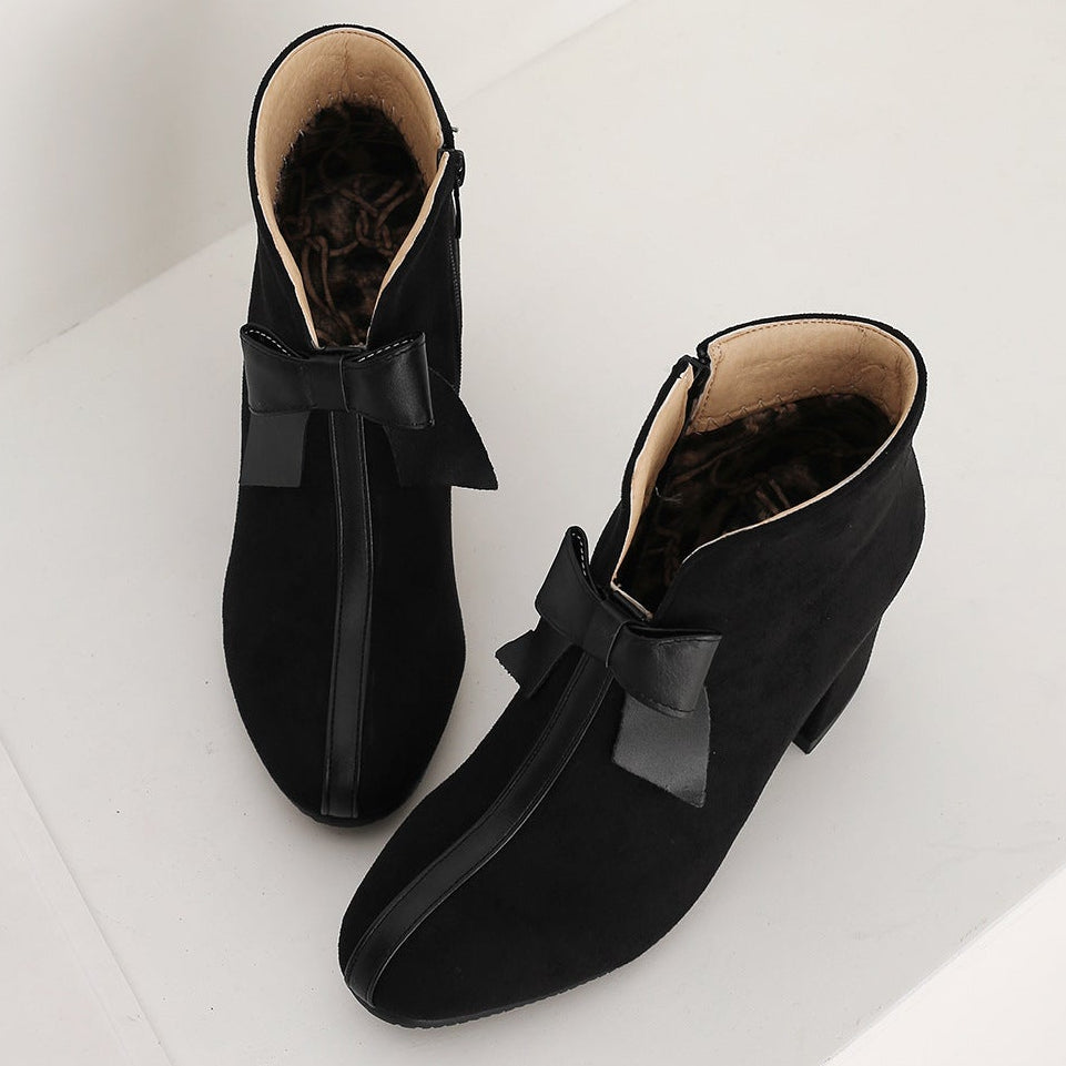 black Women's vintage bowknot chunky heels booties