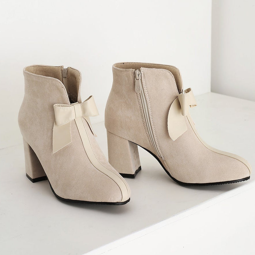 beige Women's vintage bowknot chunky heels booties