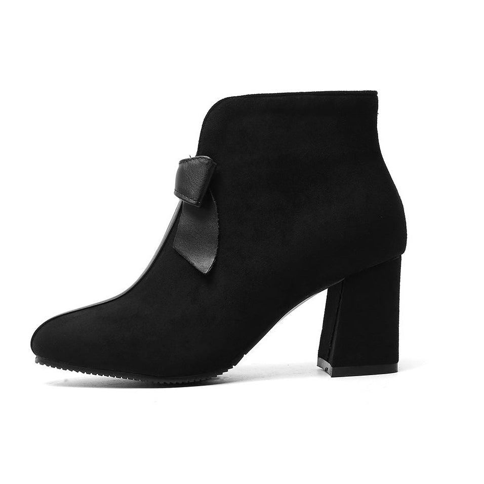black Women's vintage bowknot chunky heels booties