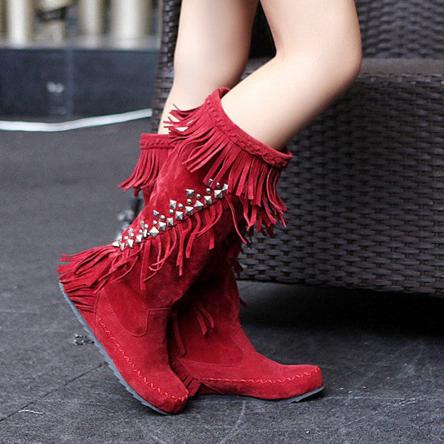 Women's vintage faux suede fringed and studded western boots